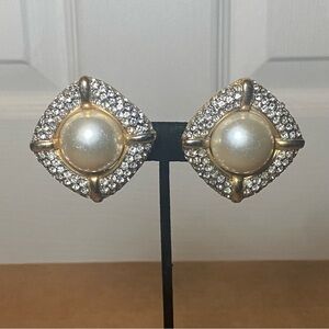 Vintage Gold-Tone Faux Pearl & Rhinestone Clip Earrings | Signed GIO